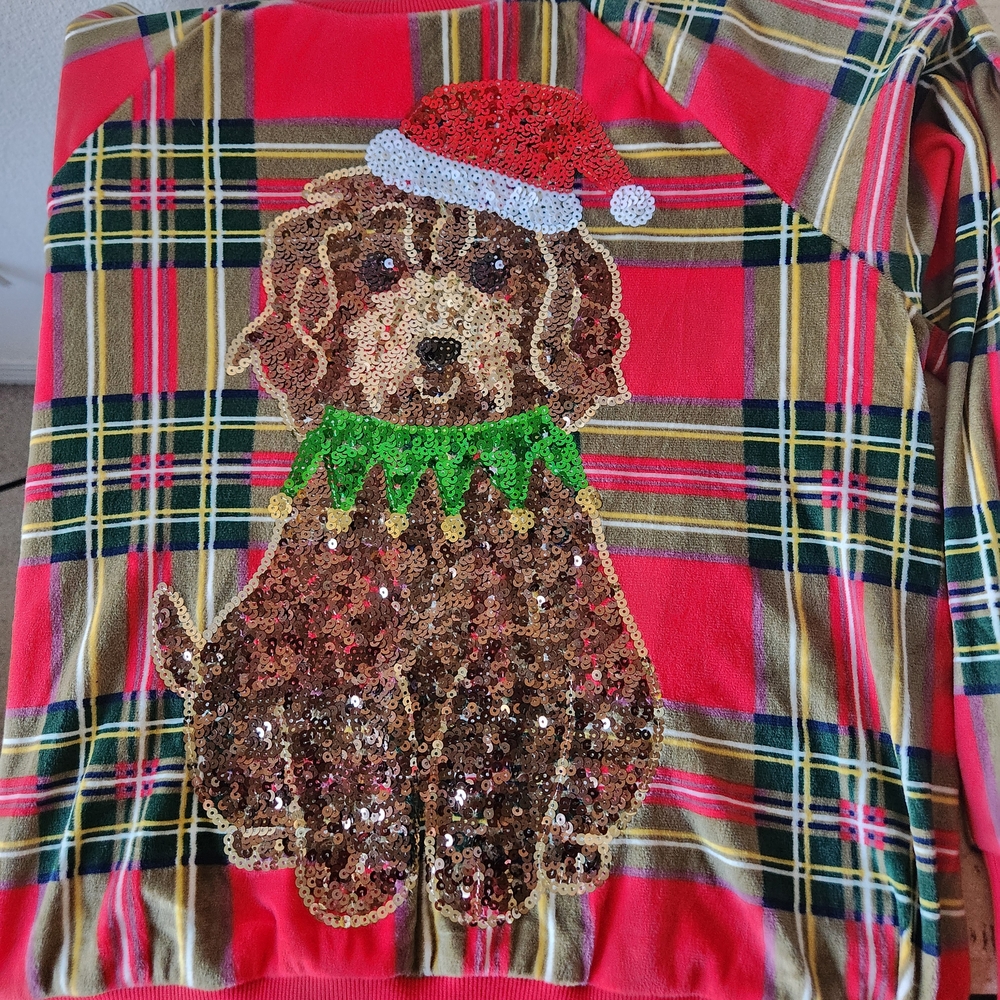 Chistmas Sweater Miss Chievous Red Plaid Flannel Top Puppy Size Large Ugly